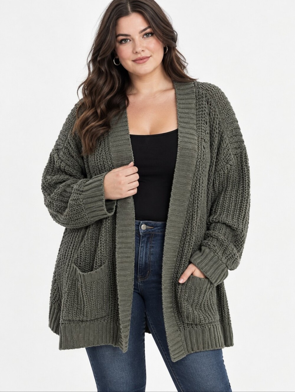 Mystyle Cozy Olive Distressed Knit Open-Front Cardigan Size Med NWOT